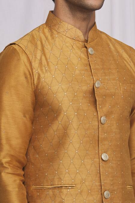 Ekam By Manish_Gold Semi Silk Moonga Geometric Print Nehru Jacket_at_Aza_Fashions