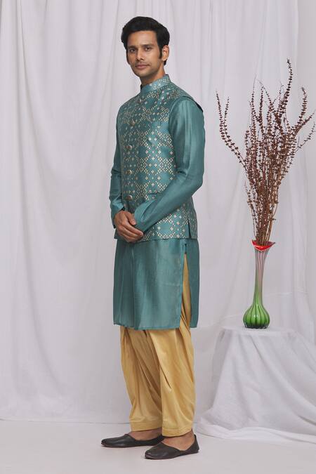 Buy_Ekam By Manish_Blue Semi Silk Moonga Geometric Print Nehru Jacket_Online_at_Aza_Fashions