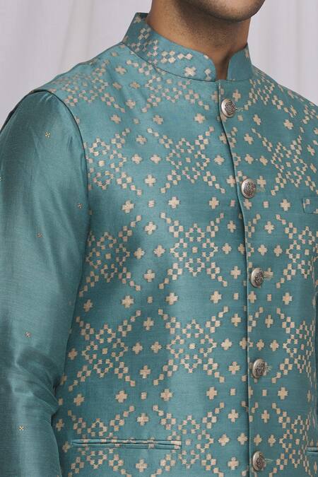 Ekam By Manish_Blue Semi Silk Moonga Geometric Print Nehru Jacket_at_Aza_Fashions