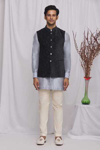 Shop_Ekam By Manish_Black Velvet Floral Print Nehru Jacket_Online_at_Aza_Fashions