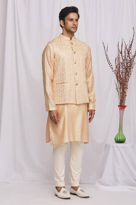 Ekam By Manish_Peach Semi Silk Moonga Geometric Print Nehru Jacket_Online_at_Aza_Fashions