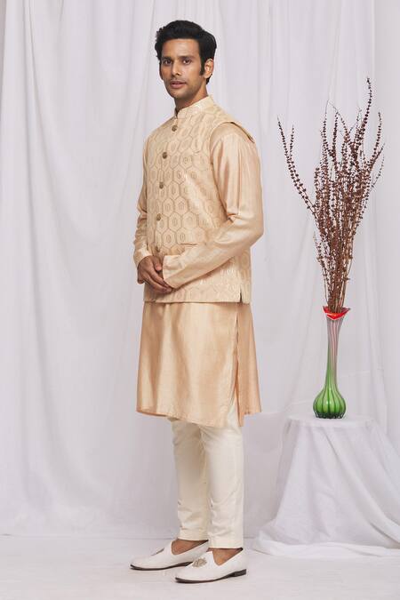 Buy_Ekam By Manish_Peach Semi Silk Moonga Geometric Print Nehru Jacket_Online_at_Aza_Fashions