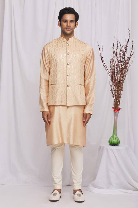 Shop_Ekam By Manish_Peach Semi Silk Moonga Geometric Print Nehru Jacket_Online_at_Aza_Fashions