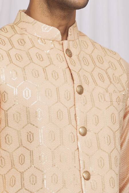 Ekam By Manish_Peach Semi Silk Moonga Geometric Print Nehru Jacket_at_Aza_Fashions