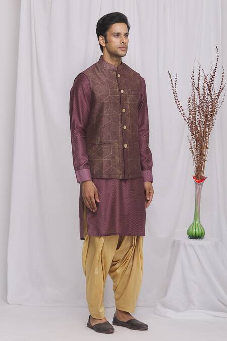 Ekam By Manish_Purple Semi Silk Moonga Geometric Print Nehru Jacket_Online_at_Aza_Fashions
