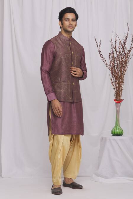 Buy_Ekam By Manish_Purple Semi Silk Moonga Geometric Print Nehru Jacket_Online_at_Aza_Fashions