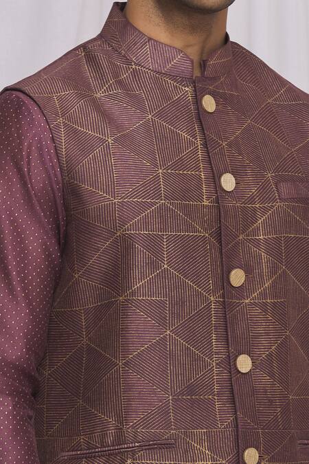 Ekam By Manish_Purple Semi Silk Moonga Geometric Print Nehru Jacket_at_Aza_Fashions
