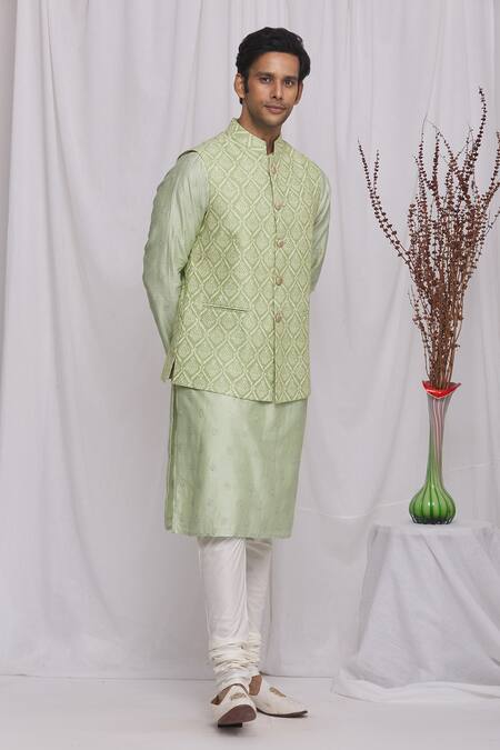 Ekam By Manish_Green Semi Silk Moonga Floral Print Nehru Jacket_Online_at_Aza_Fashions