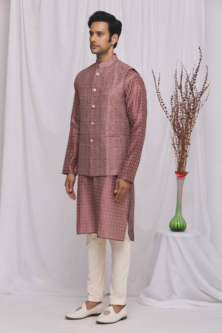 Ekam By Manish_Purple Semi Silk Moonga Geometric Print Nehru Jacket_Online_at_Aza_Fashions