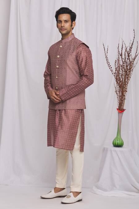 Buy_Ekam By Manish_Purple Semi Silk Moonga Geometric Print Nehru Jacket_Online_at_Aza_Fashions