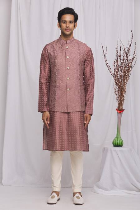Shop_Ekam By Manish_Purple Semi Silk Moonga Geometric Print Nehru Jacket_Online_at_Aza_Fashions