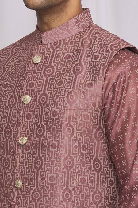 Ekam By Manish_Purple Semi Silk Moonga Geometric Print Nehru Jacket_at_Aza_Fashions