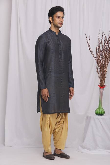 Buy_Ekam By Manish_Blue Cotton, Semi Silk Moonga Geometric Print Kurta Set_Online_at_Aza_Fashions