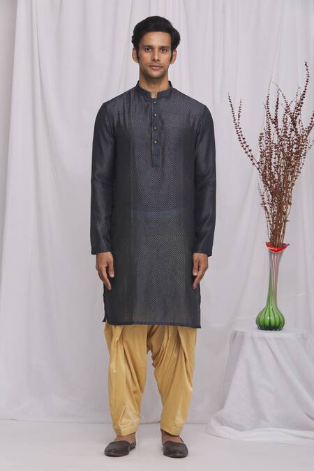 Shop_Ekam By Manish_Blue Cotton, Semi Silk Moonga Geometric Print Kurta Set_Online_at_Aza_Fashions