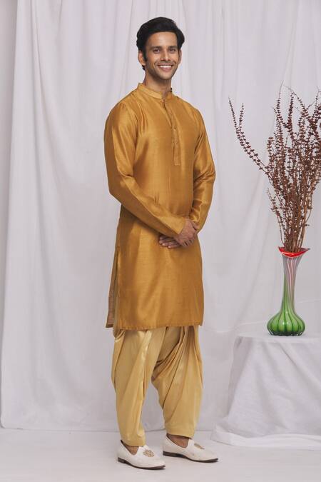 Buy_Ekam By Manish_Gold Cotton , Semi Moonga Geometric Print Kurta Set_Online_at_Aza_Fashions