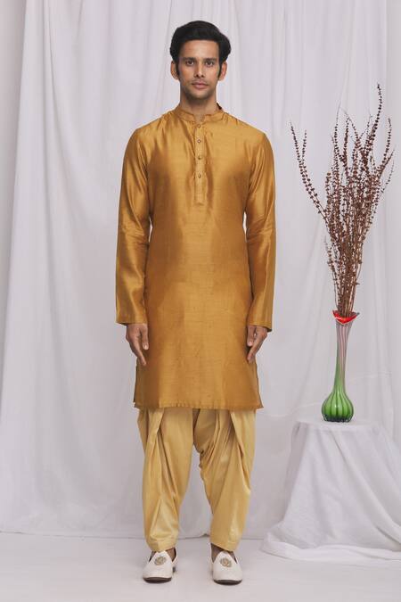 Shop_Ekam By Manish_Gold Cotton , Semi Moonga Geometric Print Kurta Set_Online_at_Aza_Fashions