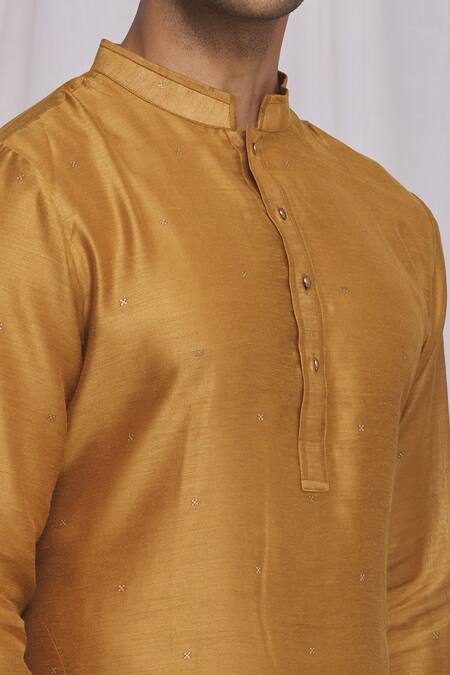 Ekam By Manish_Gold Cotton , Semi Moonga Geometric Print Kurta Set_at_Aza_Fashions