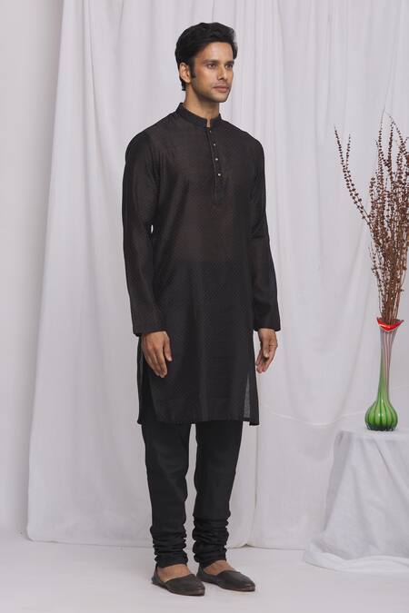Buy_Ekam By Manish_Black Cotton , Semi Moonga Geometric Print Kurta Set_Online_at_Aza_Fashions