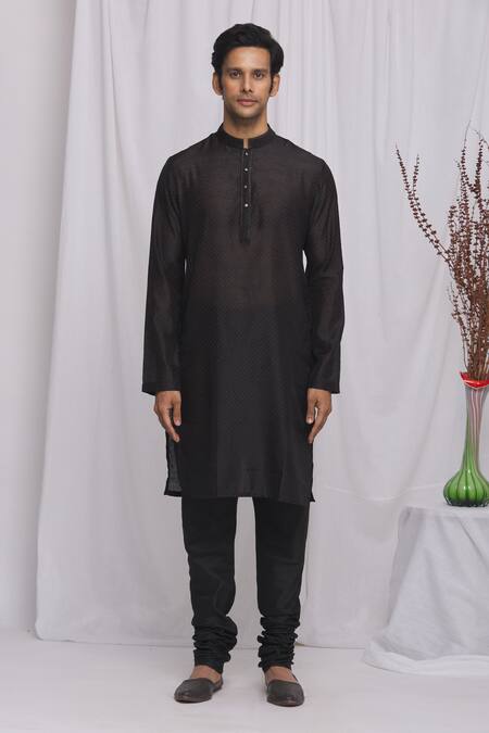 Shop_Ekam By Manish_Black Cotton , Semi Moonga Geometric Print Kurta Set_Online_at_Aza_Fashions