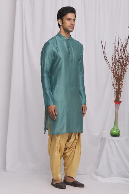 Ekam By Manish_Blue Cotton, Semi Silk Moonga Geometric Print Kurta Set_Online_at_Aza_Fashions