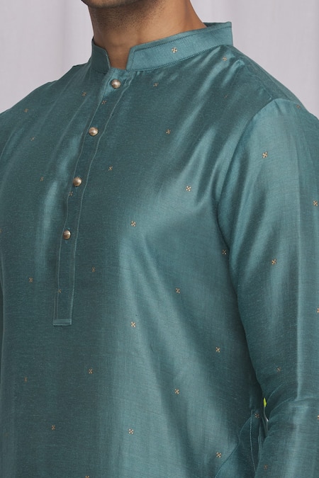 Ekam By Manish_Blue Cotton, Semi Silk Moonga Geometric Print Kurta Set_at_Aza_Fashions