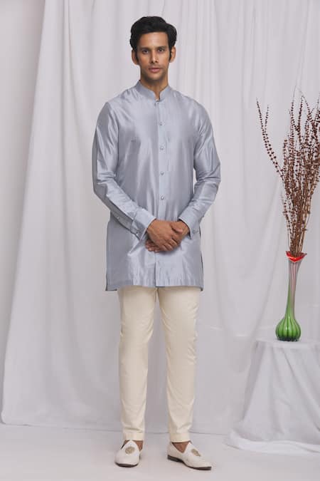 Ekam By Manish Grey Semi Silk Plain Mandarin Collar Shirt 
