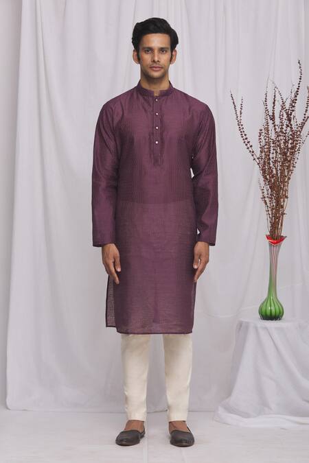 Shop_Ekam By Manish_Purple Cotton, Semi Silk Moonga Geometric Print Kurta Set_Online_at_Aza_Fashions