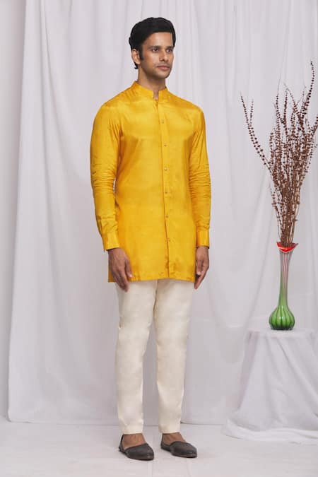 Ekam By Manish_Yellow Semi Silk Plain Mandarin Collar Shirt_Online_at_Aza_Fashions