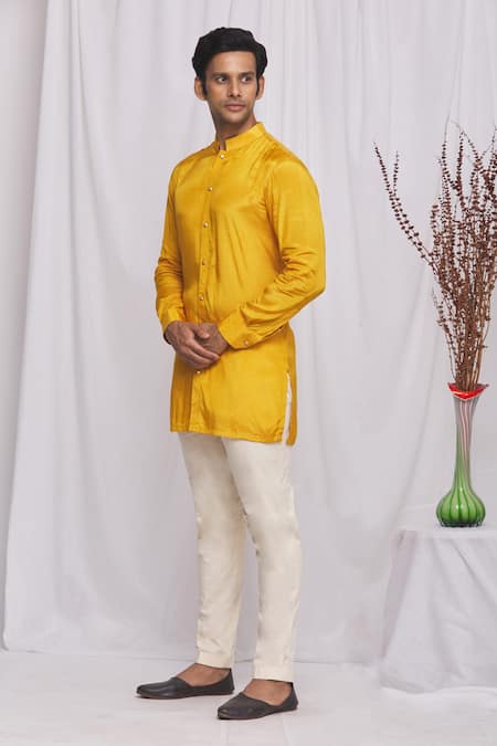 Buy_Ekam By Manish_Yellow Semi Silk Plain Mandarin Collar Shirt_Online_at_Aza_Fashions