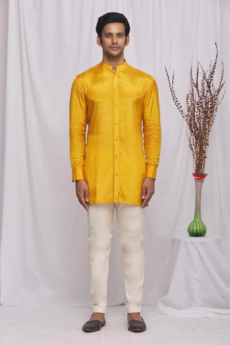 Shop_Ekam By Manish_Yellow Semi Silk Plain Mandarin Collar Shirt_Online_at_Aza_Fashions