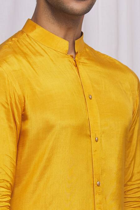 Ekam By Manish_Yellow Semi Silk Plain Mandarin Collar Shirt_at_Aza_Fashions