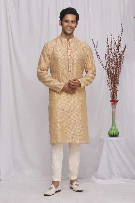 Buy_Ekam By Manish_Peach Cotton, Semi Silk Moonga Geometric Print Kurta Set_Online_at_Aza_Fashions