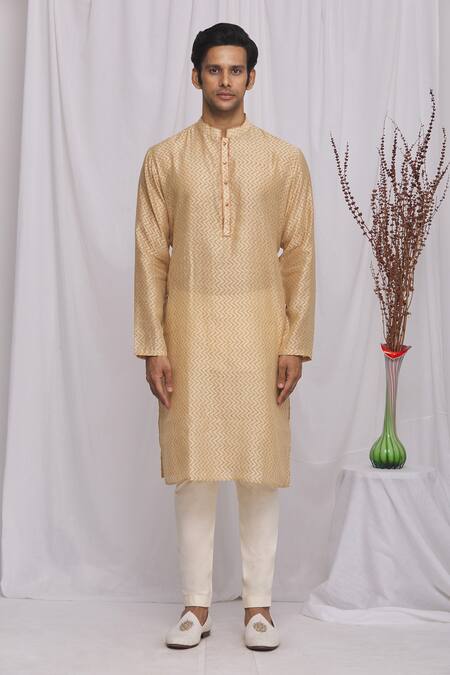 Shop_Ekam By Manish_Peach Cotton, Semi Silk Moonga Geometric Print Kurta Set_Online_at_Aza_Fashions