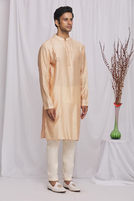 Ekam By Manish_Peach Cotton, Semi Silk Moonga Geometric Print Kurta Set_Online_at_Aza_Fashions