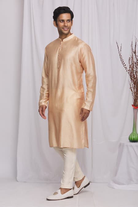 Buy_Ekam By Manish_Peach Cotton, Semi Silk Moonga Geometric Print Kurta Set_Online_at_Aza_Fashions