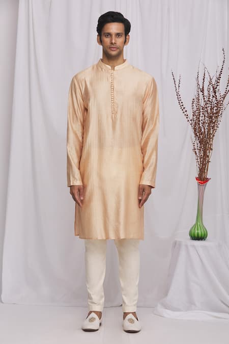 Shop_Ekam By Manish_Peach Cotton, Semi Silk Moonga Geometric Print Kurta Set_Online_at_Aza_Fashions