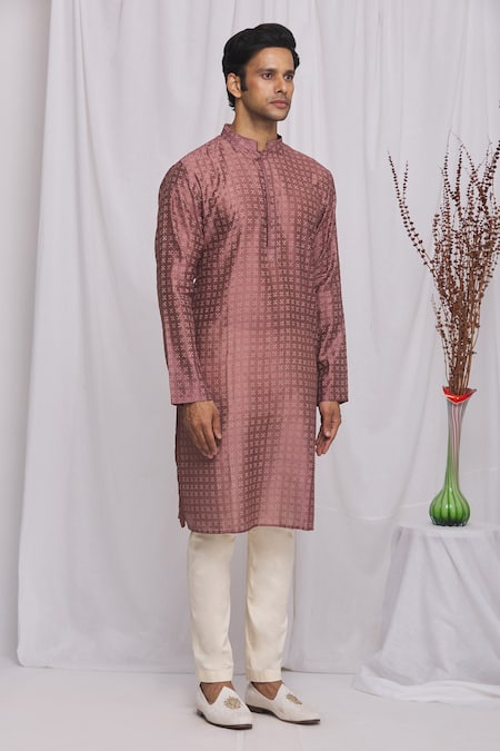 Ekam By Manish_Purple Cotton, Semi Silk Moonga Geometric Print Kurta Set_Online_at_Aza_Fashions