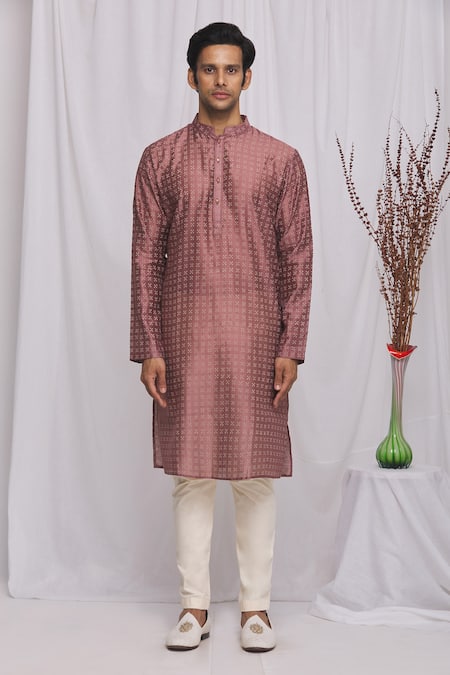 Shop_Ekam By Manish_Purple Cotton, Semi Silk Moonga Geometric Print Kurta Set_Online_at_Aza_Fashions