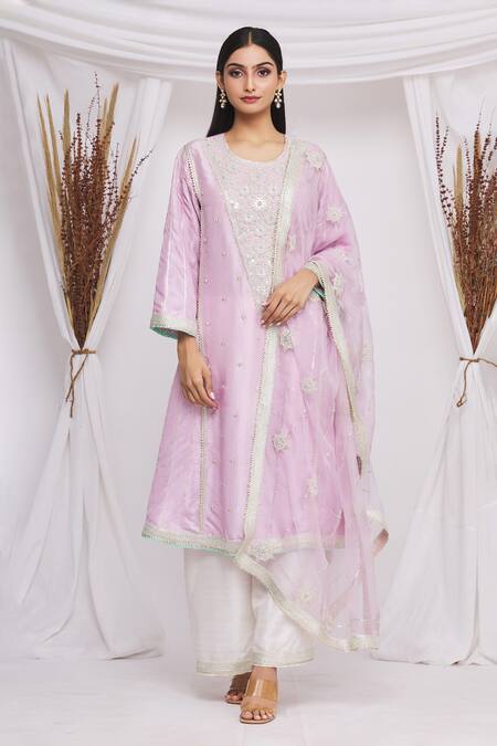 Ekta Singh_Purple Silk, Organza Floral, Zardozi Work Round Dabka Embroidered Kurta Set _Online_at_Aza_Fashions