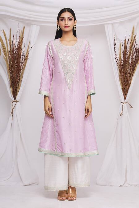 Buy_Ekta Singh_Purple Silk, Organza Floral, Zardozi Work Round Dabka Embroidered Kurta Set _Online_at_Aza_Fashions