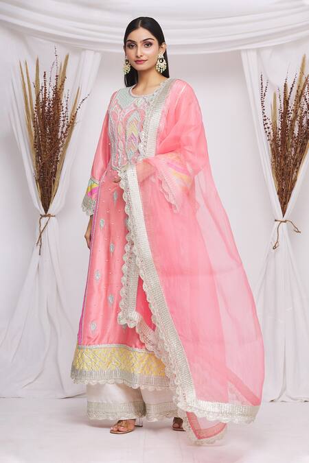 Ekta Singh_Pink Silk, Organza Floral, Gota Work Round A-line Embroidered Kurta Set _Online_at_Aza_Fashions