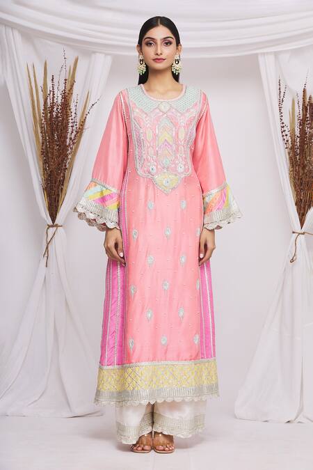 Buy_Ekta Singh_Pink Silk, Organza Floral, Gota Work Round A-line Embroidered Kurta Set _Online_at_Aza_Fashions
