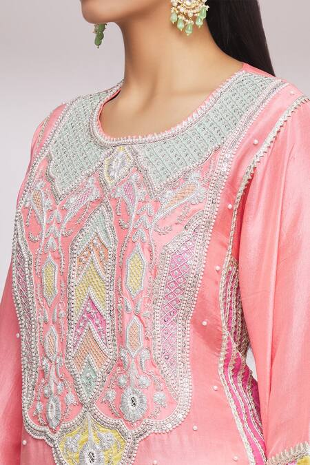 Ekta Singh_Pink Silk, Organza Floral, Gota Work Round A-line Embroidered Kurta Set _at_Aza_Fashions
