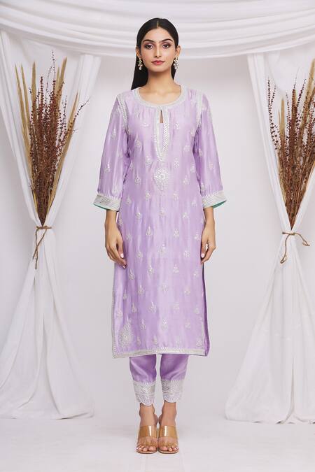 Buy_Ekta Singh_Purple Silk, Organza Floral, Gota Work Keyhole Embroidered Kurta Set _Online_at_Aza_Fashions