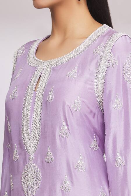 Ekta Singh_Purple Silk, Organza Floral, Gota Work Keyhole Embroidered Kurta Set _at_Aza_Fashions