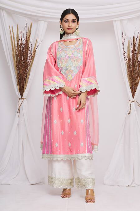 Ekta Singh_Pink Silk, Organza Floral Motifs Round Embroidered Kurta Set _Online_at_Aza_Fashions