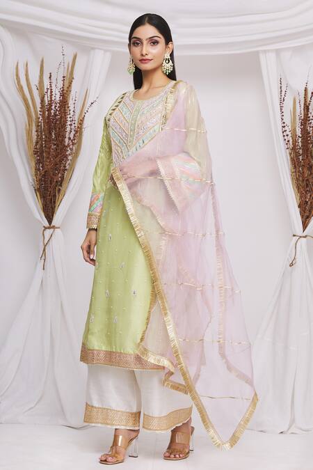 Buy_Ekta Singh_Green Silk, Organza Floral, Paisley Motifs Round Embroidered Kurta Set _Online_at_Aza_Fashions