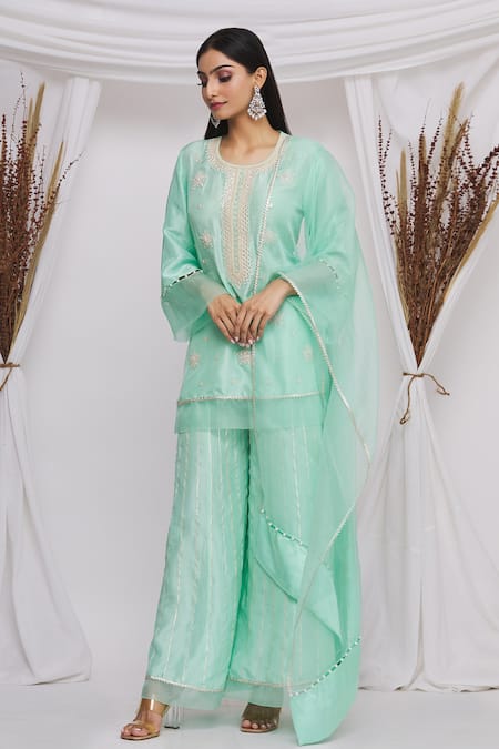 Ekta Singh Green Silk Embroidered Floral Round Kurta Sharara Set  