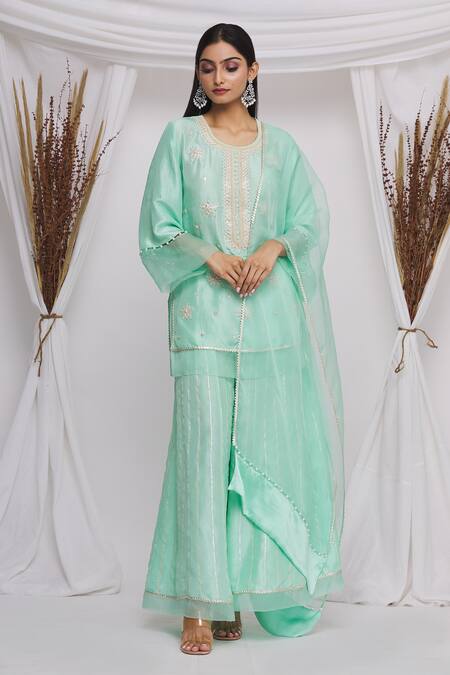 Ekta Singh_Green Silk, Organza Floral, Mirror Work Round Embroidered Kurta Sharara Set _Online_at_Aza_Fashions