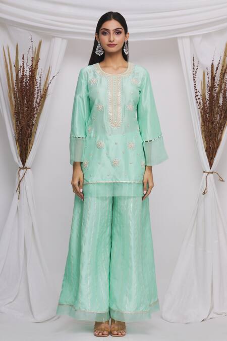 Buy_Ekta Singh_Green Silk, Organza Floral, Mirror Work Round Embroidered Kurta Sharara Set _Online_at_Aza_Fashions